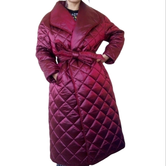 Cleo Women's Belted Quilted Puffer Trench Coat Maroon Red Large - Picture 6 of 10